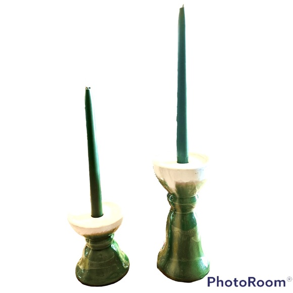 Vintage Pottery Green & White Taper Candle Holders Christmas Wedding Home Decor - Picture 6 of 9